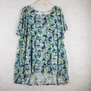 Avenue Womens 22/24 Geometric Print Hi Low Tunic Tee Blue Green Artsy Semi Sheer